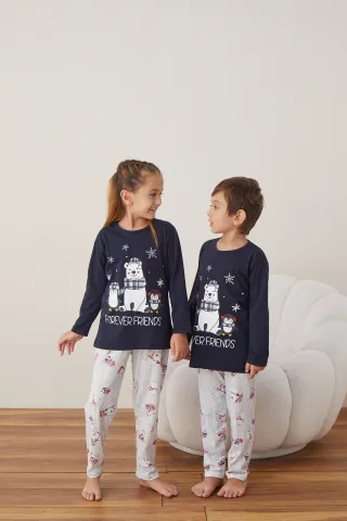Pijama de Crăciun pentru copii, bluză bleumarin și pantaloni gri, imprimeu „Forever Friends” hover