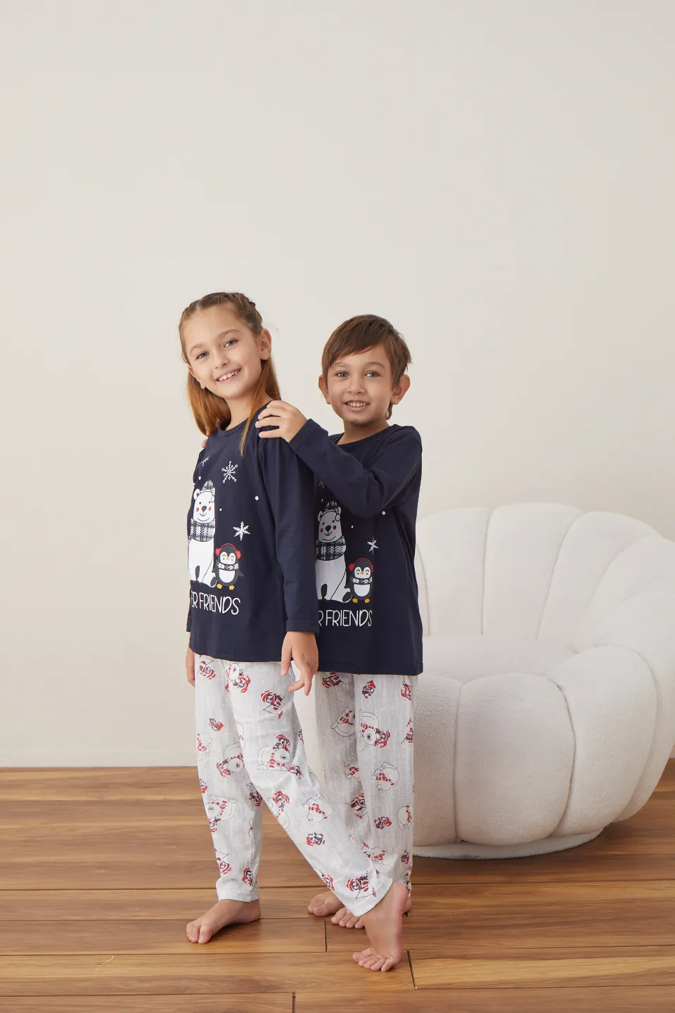 Pijama de Crăciun pentru copii, bluză bleumarin și pantaloni gri, imprimeu „Forever Friends” - 3