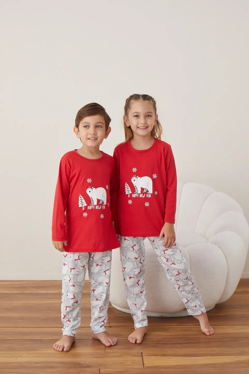 Pijama de Crăciun pentru copii, bluză roșie și pantaloni gri cu ursuleți, imprimeu „Urs Polar” - 3