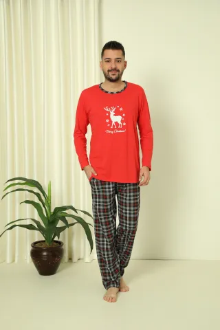 Pijama de Crăciun pentru bărbați, bluză roșie și pantaloni negri în carouri, imprimeu „Ren – Merry Christmas”