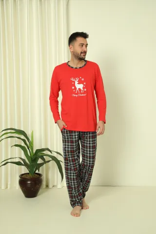 Pijama de Crăciun pentru bărbați, bluză roșie și pantaloni negri în carouri, imprimeu „Ren – Merry Christmas” hover