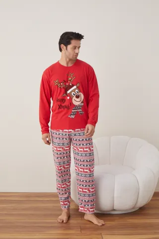 Pijama de Crăciun pentru bărbați, bluză roșie și pantaloni roșii, imprimeu „Ren – Merry Xmas” hover