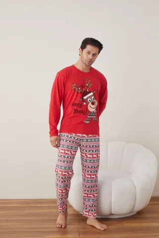Pijama de Crăciun pentru bărbați, bluză roșie și pantaloni roșii, imprimeu „Ren – Merry Xmas”