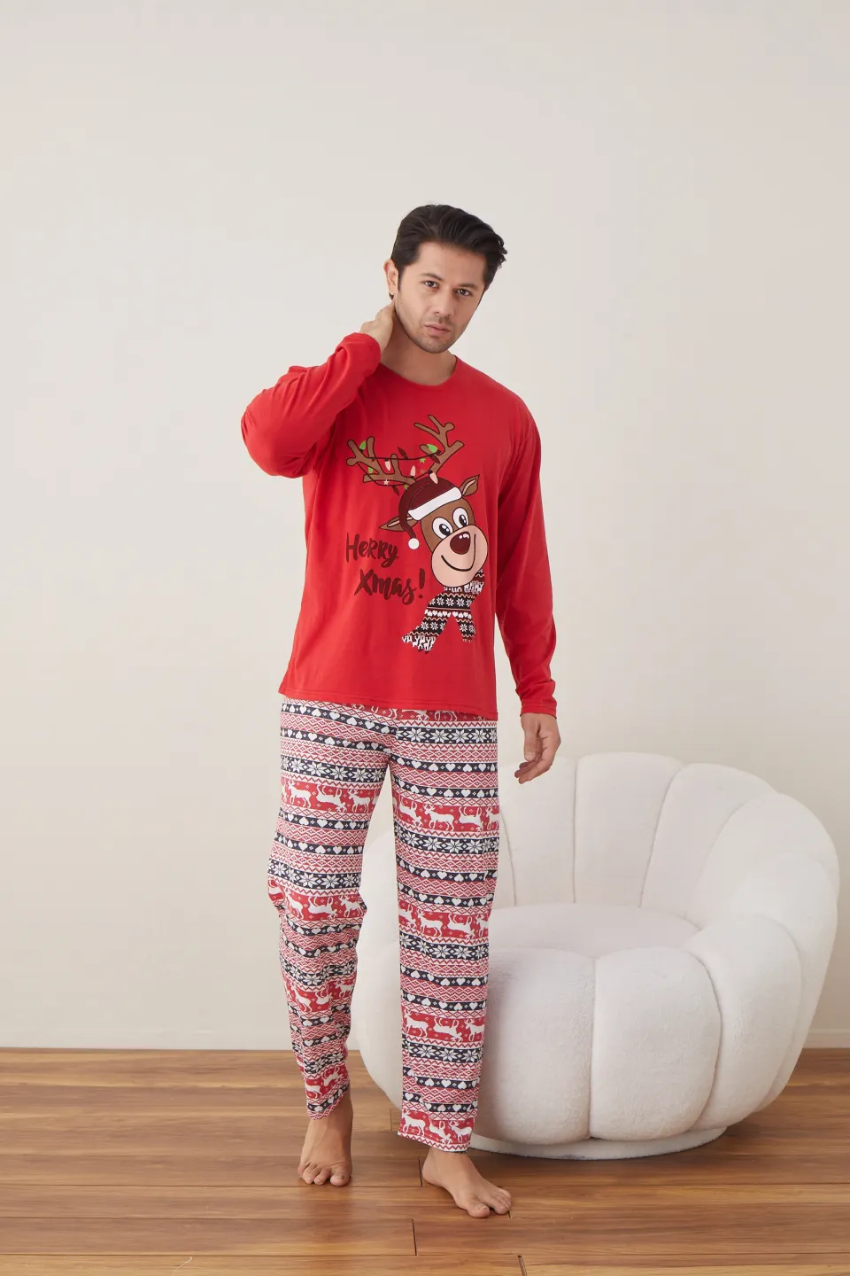 Pijama de Crăciun pentru bărbați, bluză roșie și pantaloni roșii, imprimeu „Ren – Merry Xmas” - 3