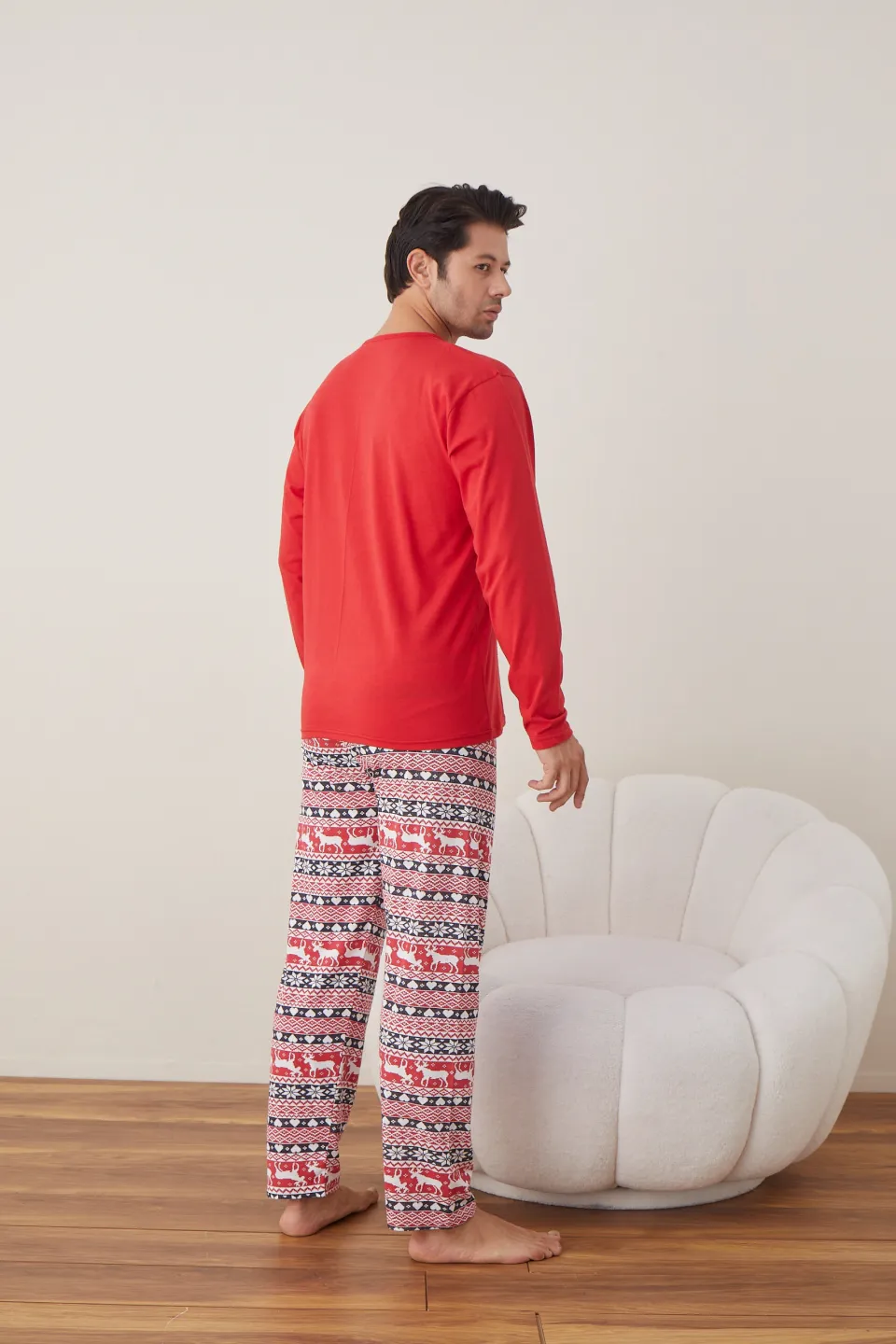 Pijama de Crăciun pentru bărbați, bluză roșie și pantaloni roșii, imprimeu „Ren – Merry Xmas” - 4