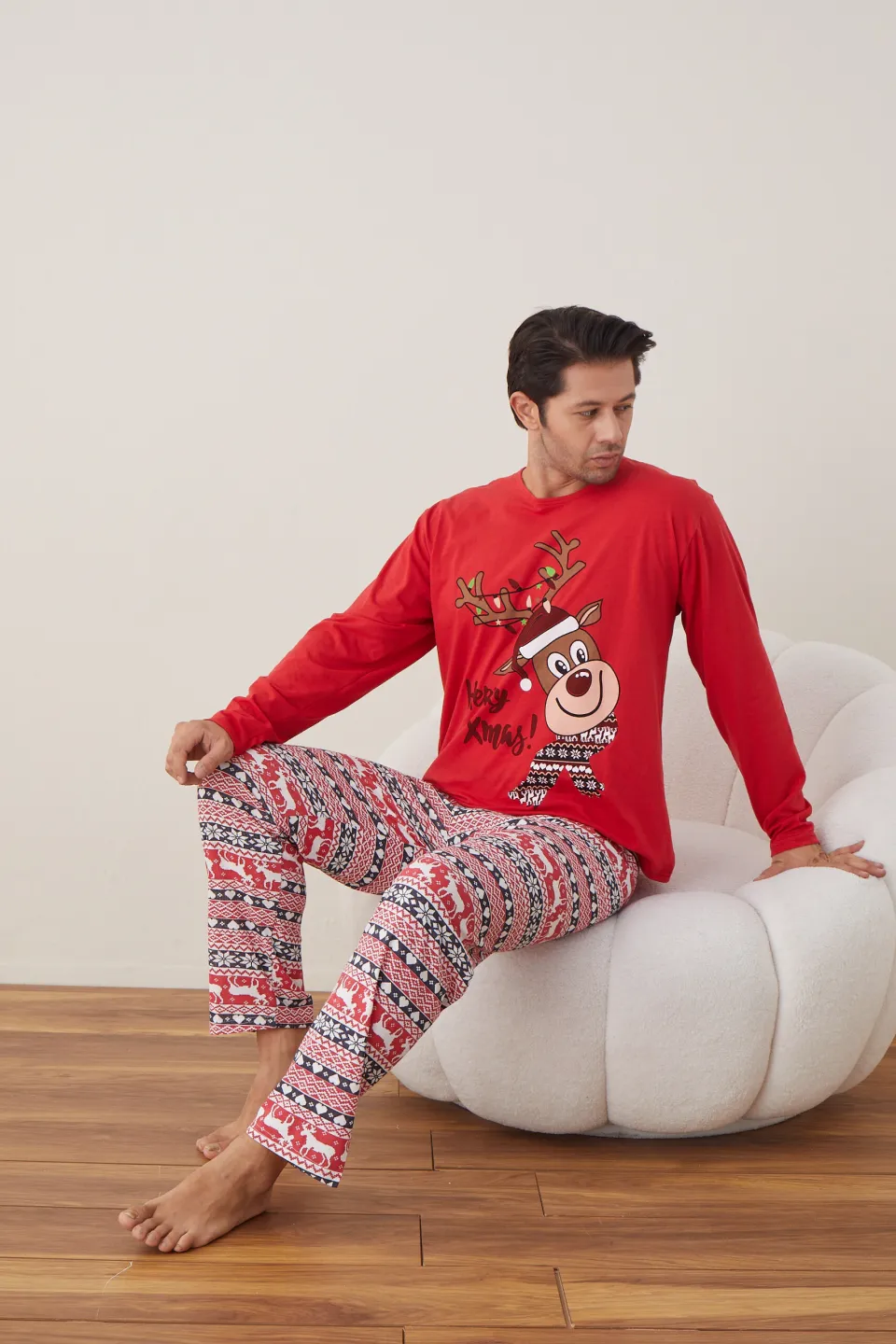 Pijama de Crăciun pentru bărbați, bluză roșie și pantaloni roșii, imprimeu „Ren – Merry Xmas” - 5
