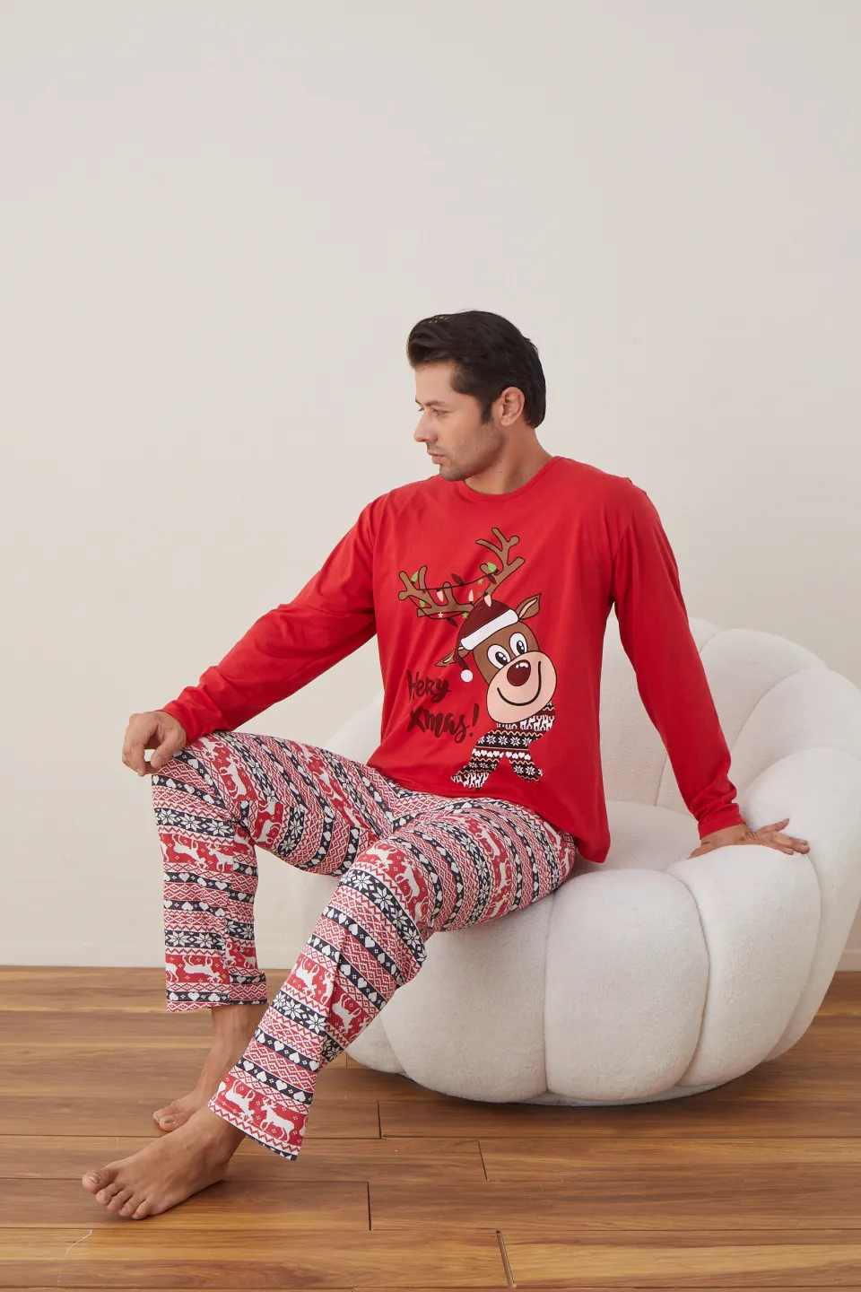 Pijama de Crăciun pentru bărbați, bluză roșie și pantaloni roșii, imprimeu „Ren – Merry Xmas” - 6