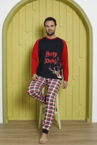 Pijama de Crăciun pentru bărbați, bluză neagră cu mâneci roșii și pantaloni în carouri, imprimeu „Merry Xmas!”