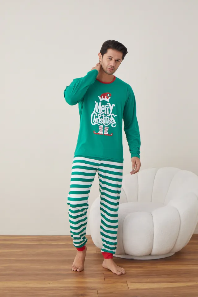 Pijama de Crăciun pentru bărbați, bluză verde și pantaloni cu dungi verde-alb, imprimeu „Merry Christmas”