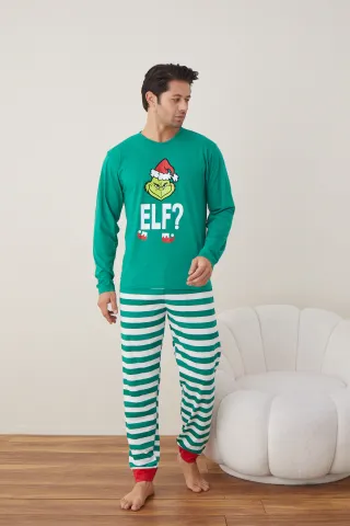 Pijama de Crăciun pentru bărbați, bluză verde și pantaloni dungi alb-verde, imprimeu „Grinch” hover