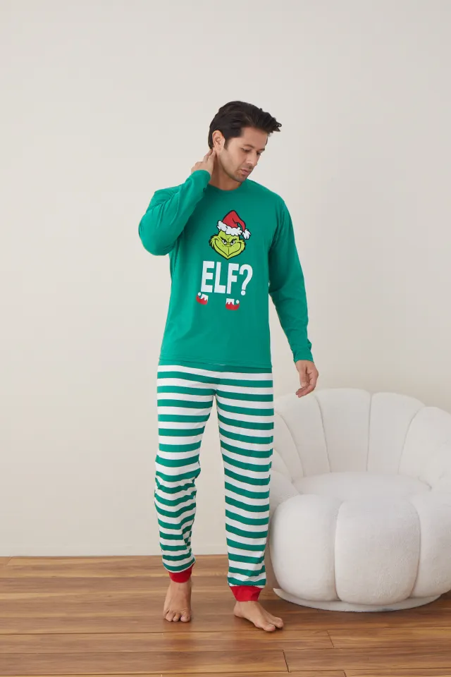 Pijama de Crăciun pentru bărbați, bluză verde și pantaloni dungi alb-verde, imprimeu „Grinch”