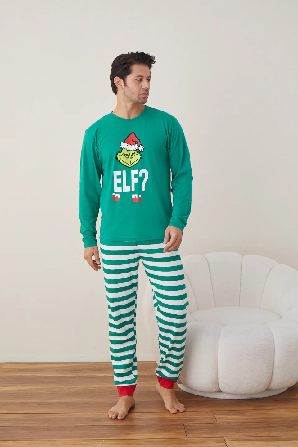Pijama de Crăciun pentru bărbați, bluză verde și pantaloni dungi alb-verde, imprimeu „Grinch” - 3