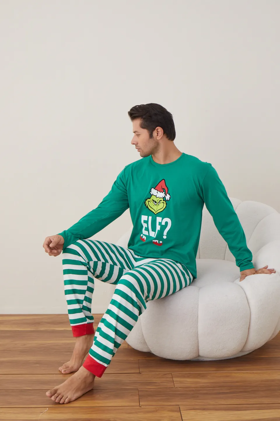 Pijama de Crăciun pentru bărbați, bluză verde și pantaloni dungi alb-verde, imprimeu „Grinch” - 5