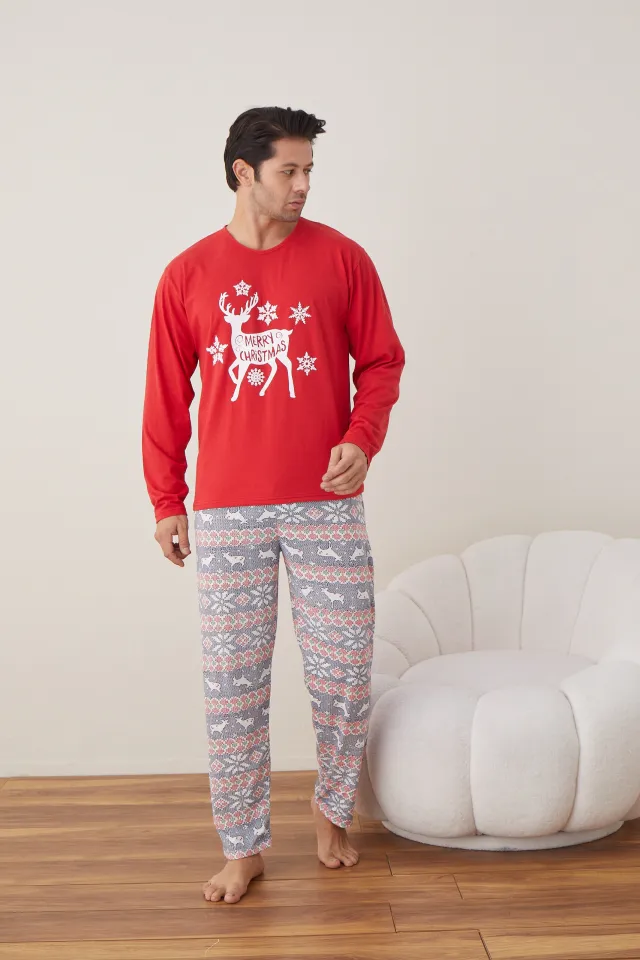 Pijama de Crăciun pentru bărbați, bluză roșie și pantaloni colorați, imprimeu ren