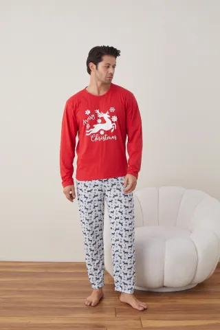 Pijama de Crăciun pentru bărbați, bluză roșie și pantaloni gri cu imprimeu reni hover