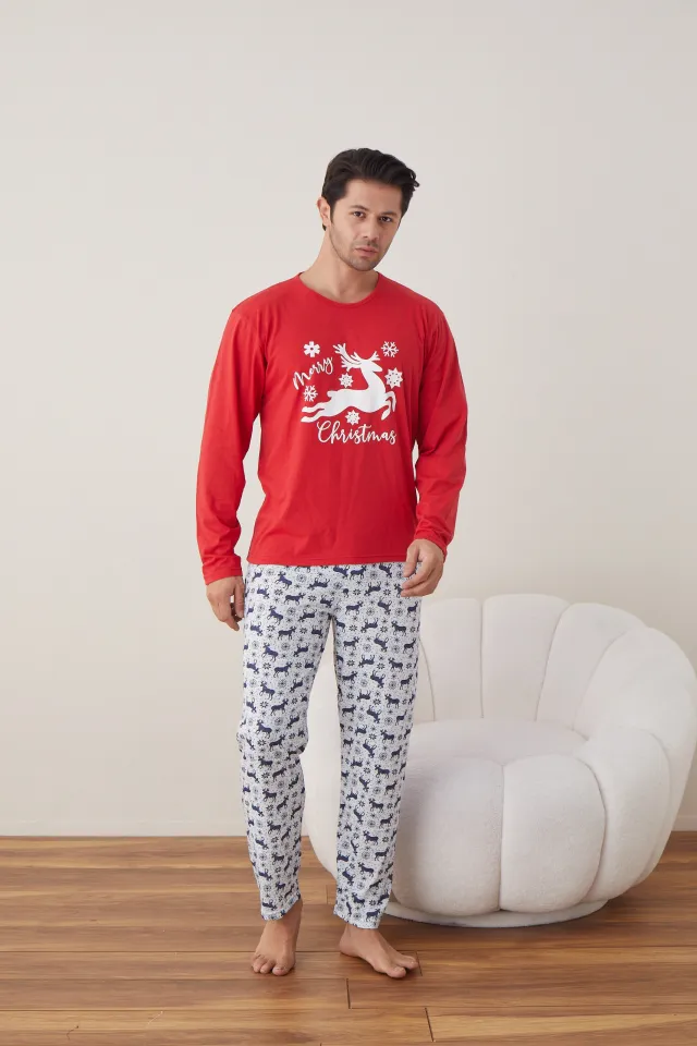 Pijama de Crăciun pentru bărbați, bluză roșie și pantaloni gri cu imprimeu reni