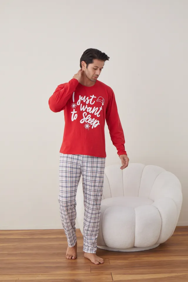 Pijama de Crăciun pentru bărbați, bluză roșie și pantaloni albi cu carouri, imprimeu „I Just Want Sleep”