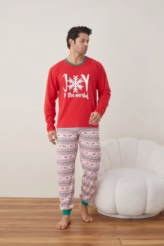 Pijama de Crăciun pentru bărbați, bluză roșie și pantaloni colorați, imprimeu „Joy to the World”