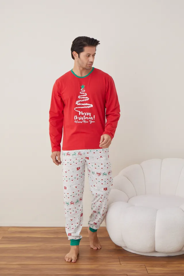 Pijama de Crăciun pentru bărbați, bluză roșie și pantaloni gri, imprimeu brad „Merry Christmas”