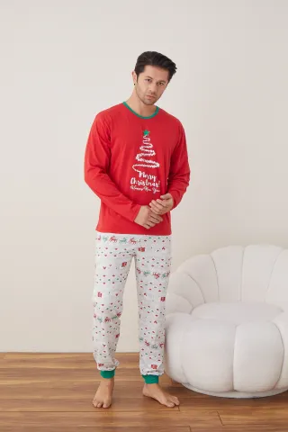 Pijama de Crăciun pentru bărbați, bluză roșie și pantaloni gri, imprimeu brad „Merry Christmas” hover