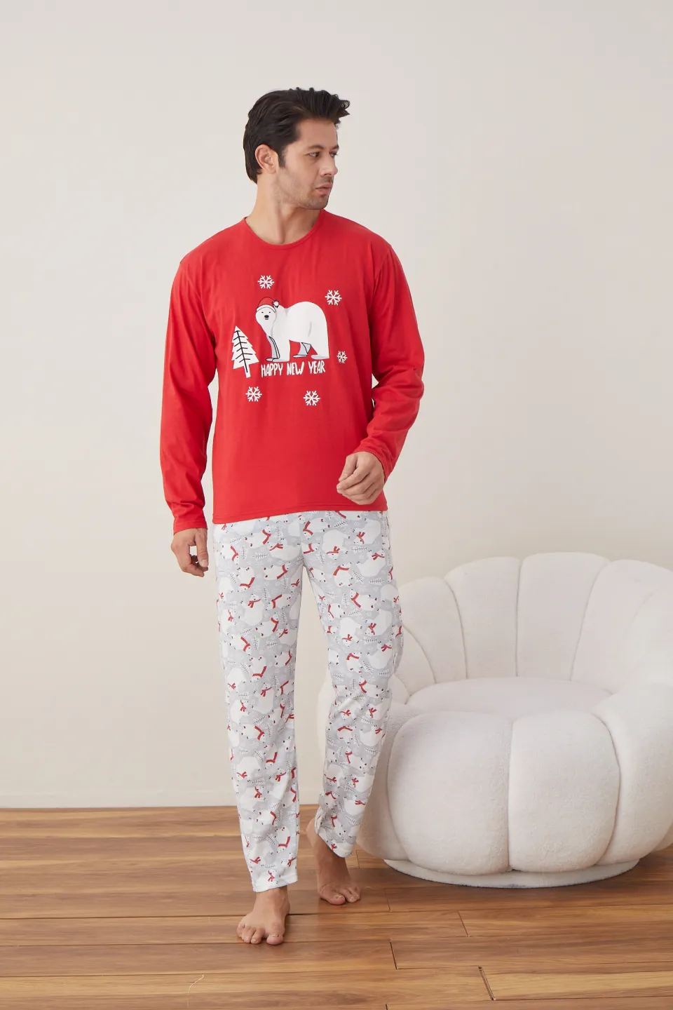 Pijama de Crăciun pentru bărbați, bluză roșie și pantaloni gri cu ursuleți, imprimeu „Urs Polar” - 2