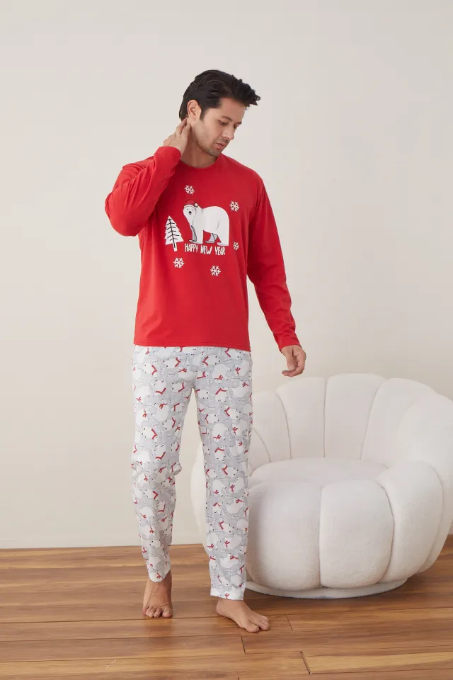 Pijama de Crăciun pentru bărbați, bluză roșie și pantaloni gri cu ursuleți, imprimeu „Urs Polar”