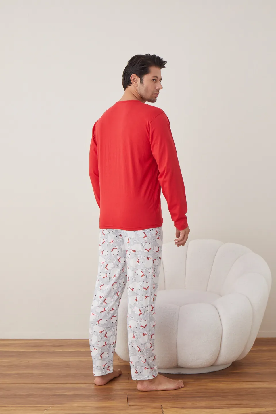 Pijama de Crăciun pentru bărbați, bluză roșie și pantaloni gri cu ursuleți, imprimeu „Urs Polar” - 4