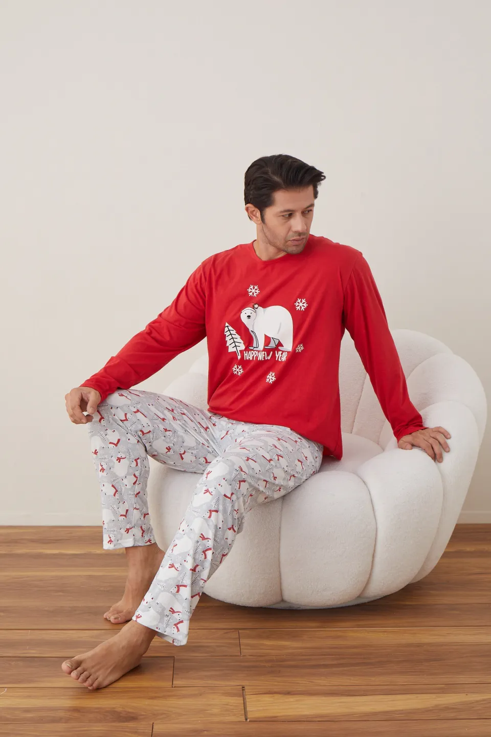 Pijama de Crăciun pentru bărbați, bluză roșie și pantaloni gri cu ursuleți, imprimeu „Urs Polar” - 5