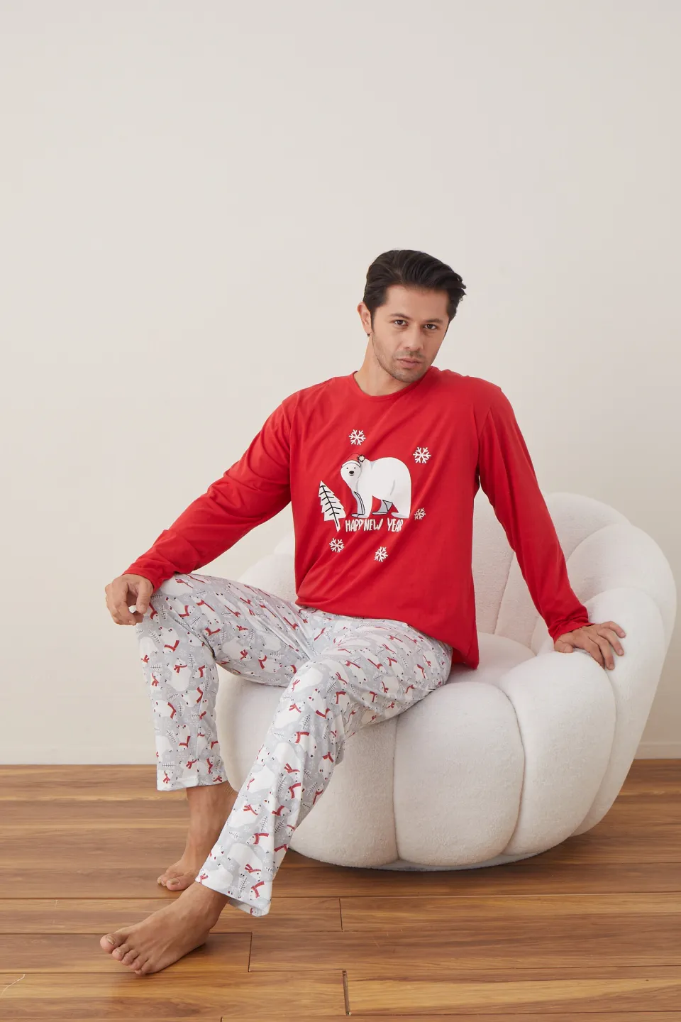 Pijama de Crăciun pentru bărbați, bluză roșie și pantaloni gri cu ursuleți, imprimeu „Urs Polar” - 6