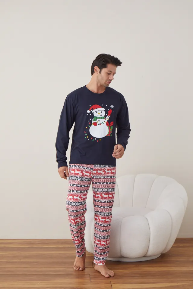 Pijama de Crăciun pentru bărbați, bluză bleumarin și pantaloni roșii, imprimeu „Om de Zăpadă”