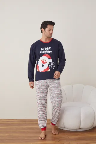 Pijama de Crăciun pentru bărbați, bluză bleumarin și pantaloni albi, imprimeu „Merry Christmas Ho Ho”