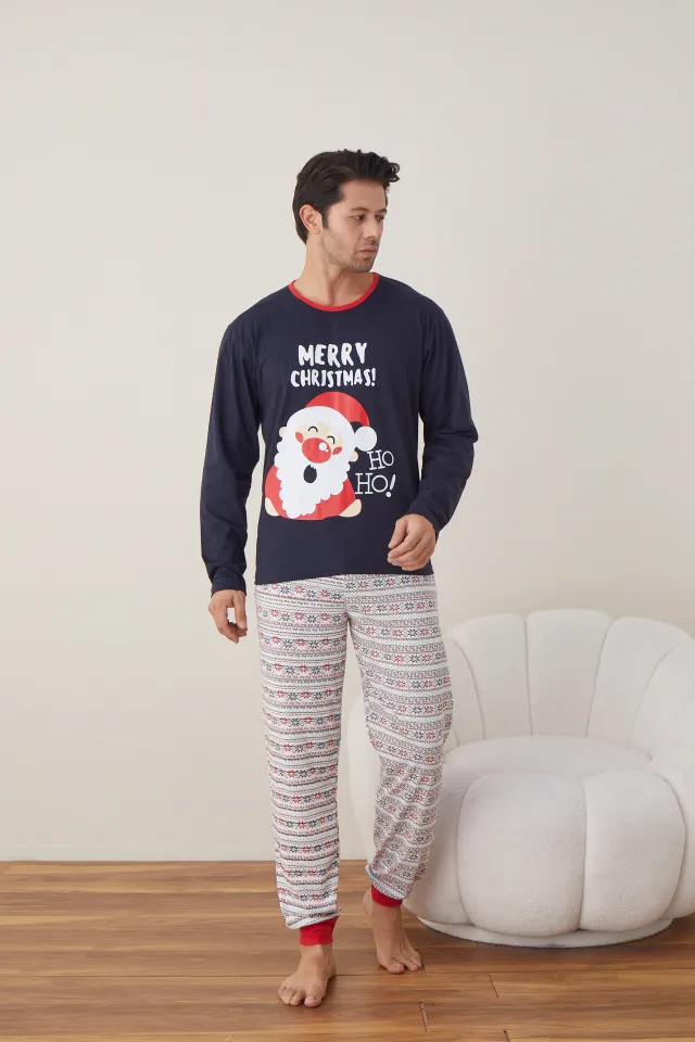 Pijama de Crăciun pentru bărbați, bluză bleumarin și pantaloni albi, imprimeu „Merry Christmas Ho Ho”