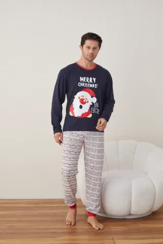 Pijama de Crăciun pentru bărbați, bluză bleumarin și pantaloni albi, imprimeu „Merry Christmas Ho Ho” hover