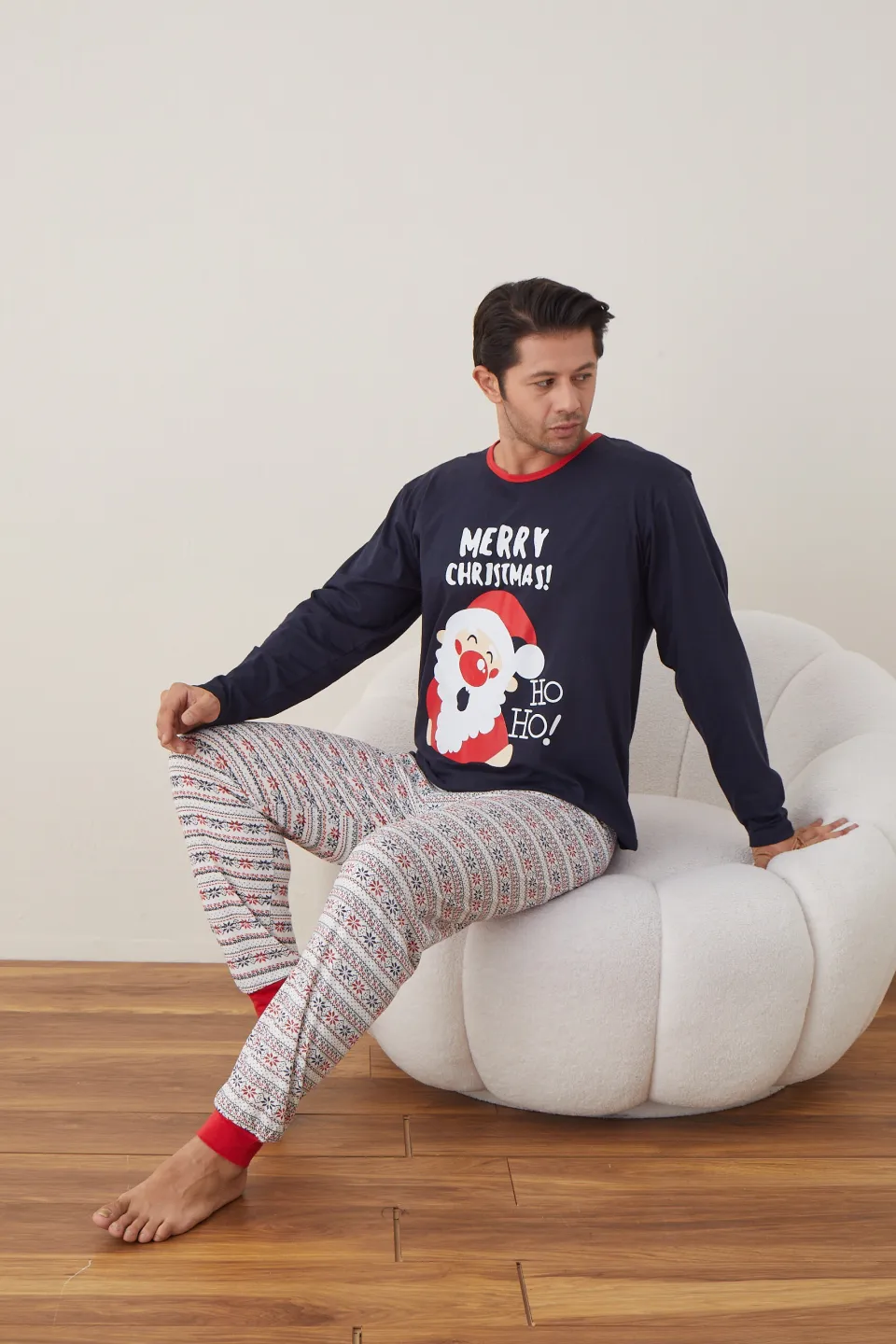 Pijama de Crăciun pentru bărbați, bluză bleumarin și pantaloni albi, imprimeu „Merry Christmas Ho Ho” - 3