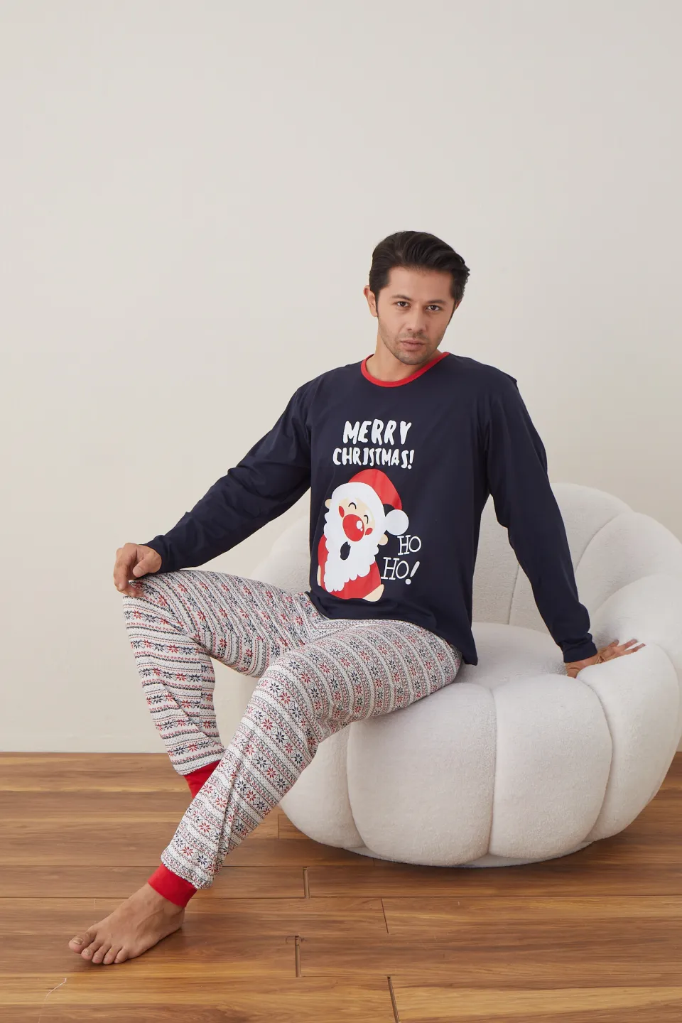 Pijama de Crăciun pentru bărbați, bluză bleumarin și pantaloni albi, imprimeu „Merry Christmas Ho Ho” - 4