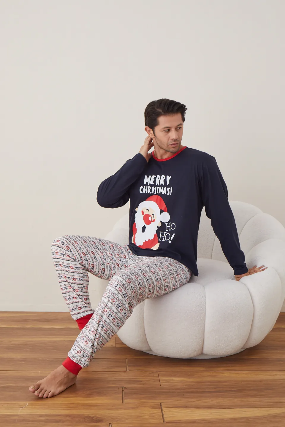 Pijama de Crăciun pentru bărbați, bluză bleumarin și pantaloni albi, imprimeu „Merry Christmas Ho Ho” - 5