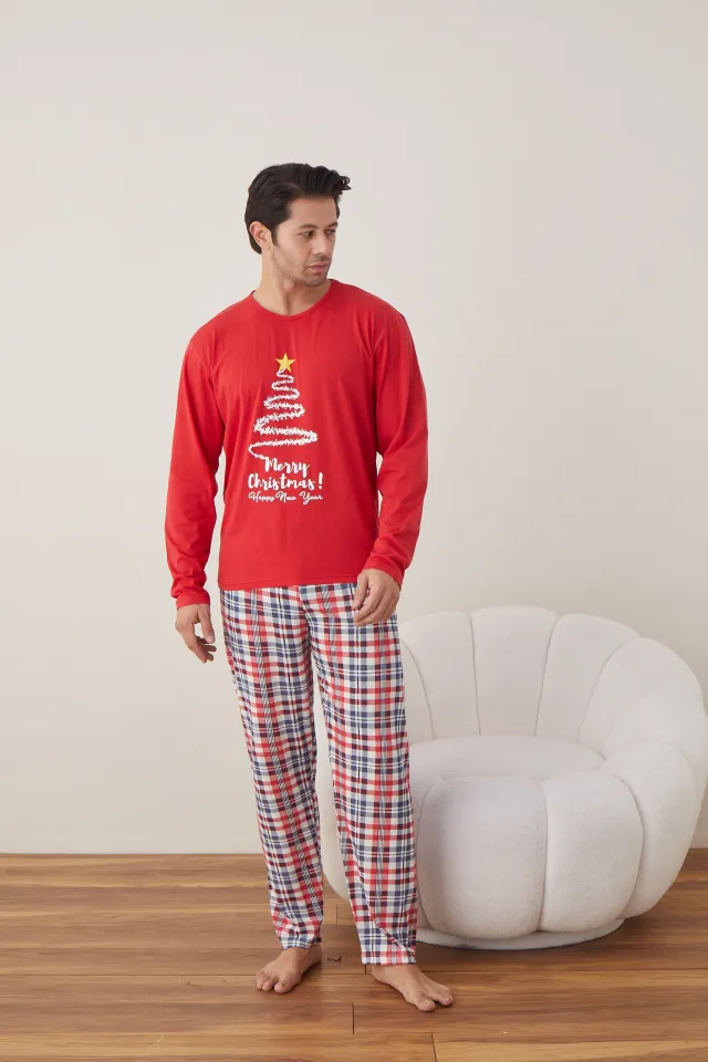 Pijama de Crăciun pentru bărbați, bluză roșie cu imprimeu brad și pantaloni în carouri