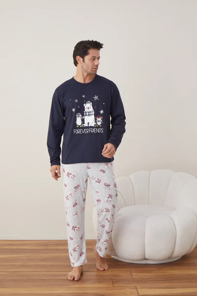 Pijama de Crăciun pentru bărbați, bluză bleumarin și pantaloni gri, imprimeu „Forever Friends”