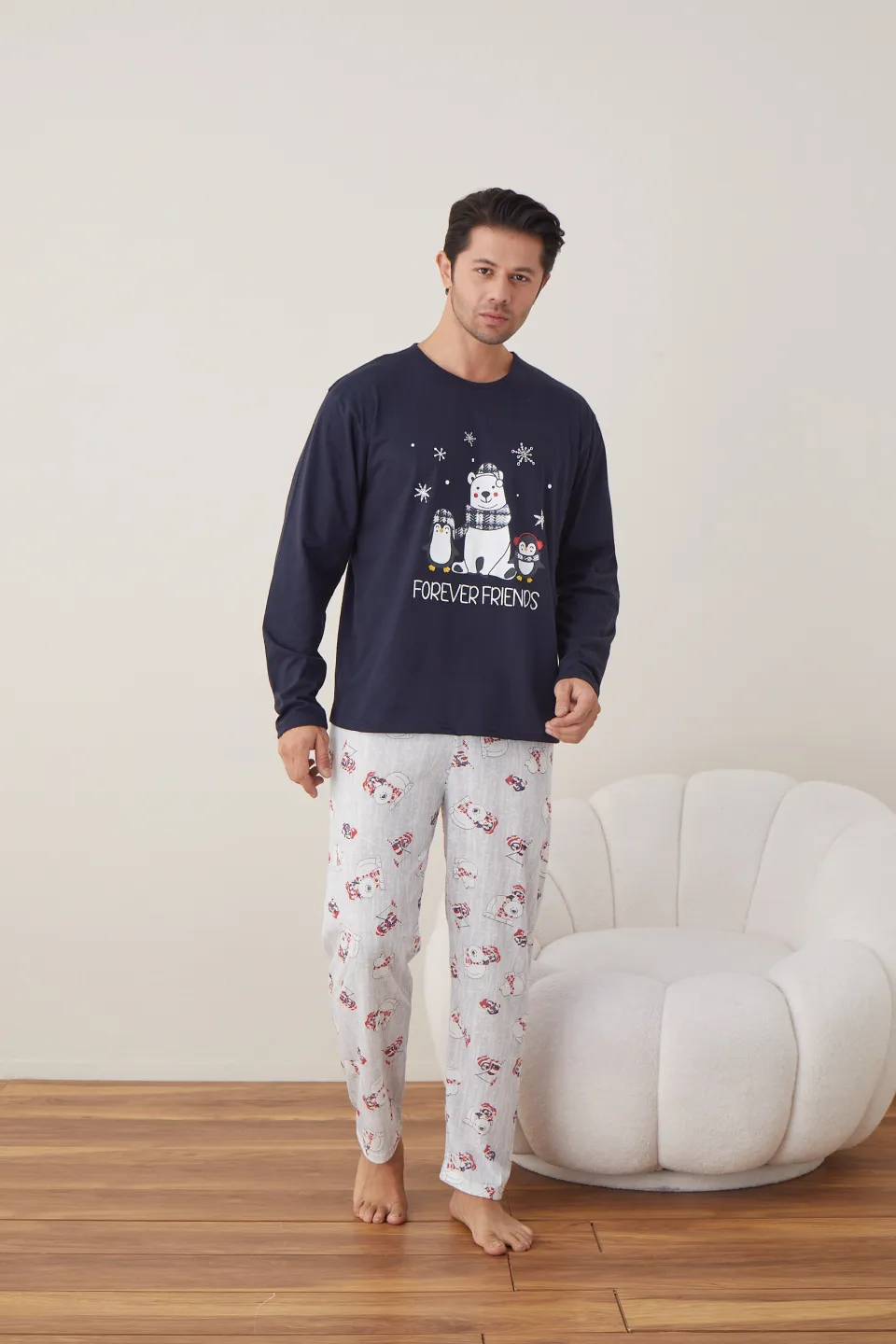 Pijama de Crăciun pentru bărbați, bluză bleumarin și pantaloni gri, imprimeu „Forever Friends” - 2