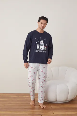 Pijama de Crăciun pentru bărbați, bluză bleumarin și pantaloni gri, imprimeu „Forever Friends” hover