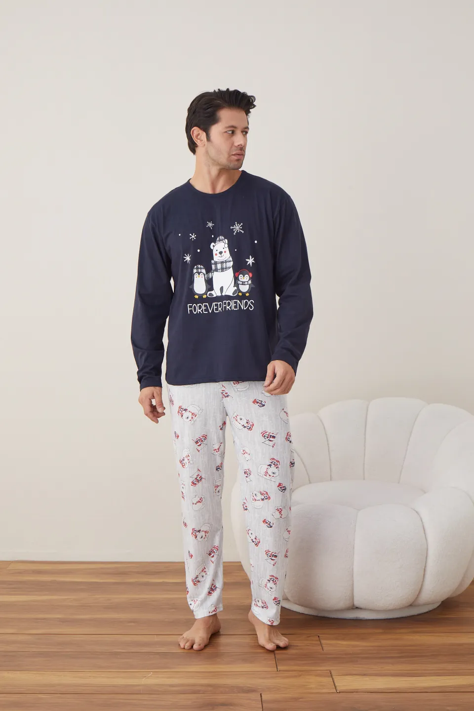 Pijama de Crăciun pentru bărbați, bluză bleumarin și pantaloni gri, imprimeu „Forever Friends” - 3