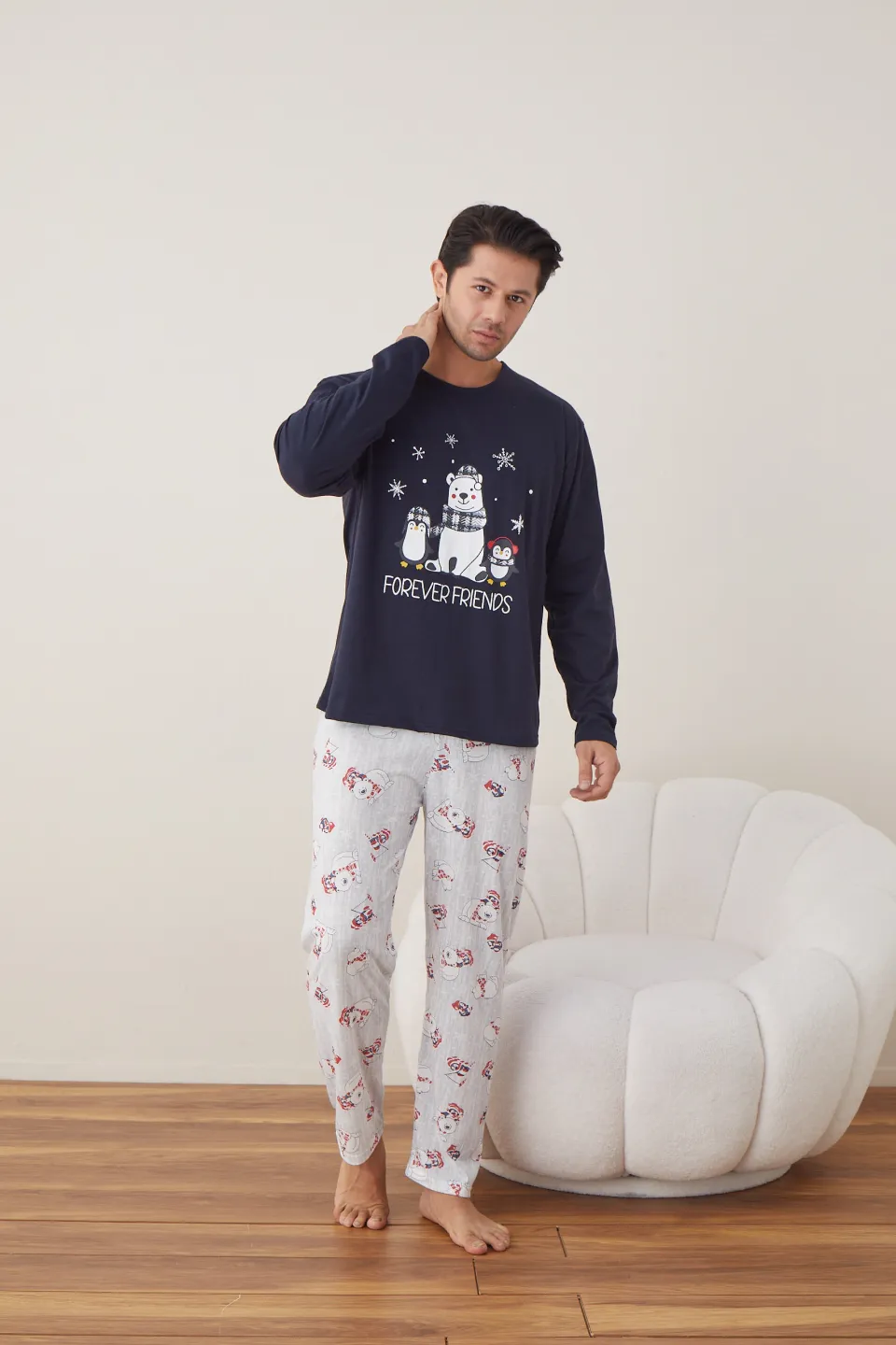 Pijama de Crăciun pentru bărbați, bluză bleumarin și pantaloni gri, imprimeu „Forever Friends” - 4