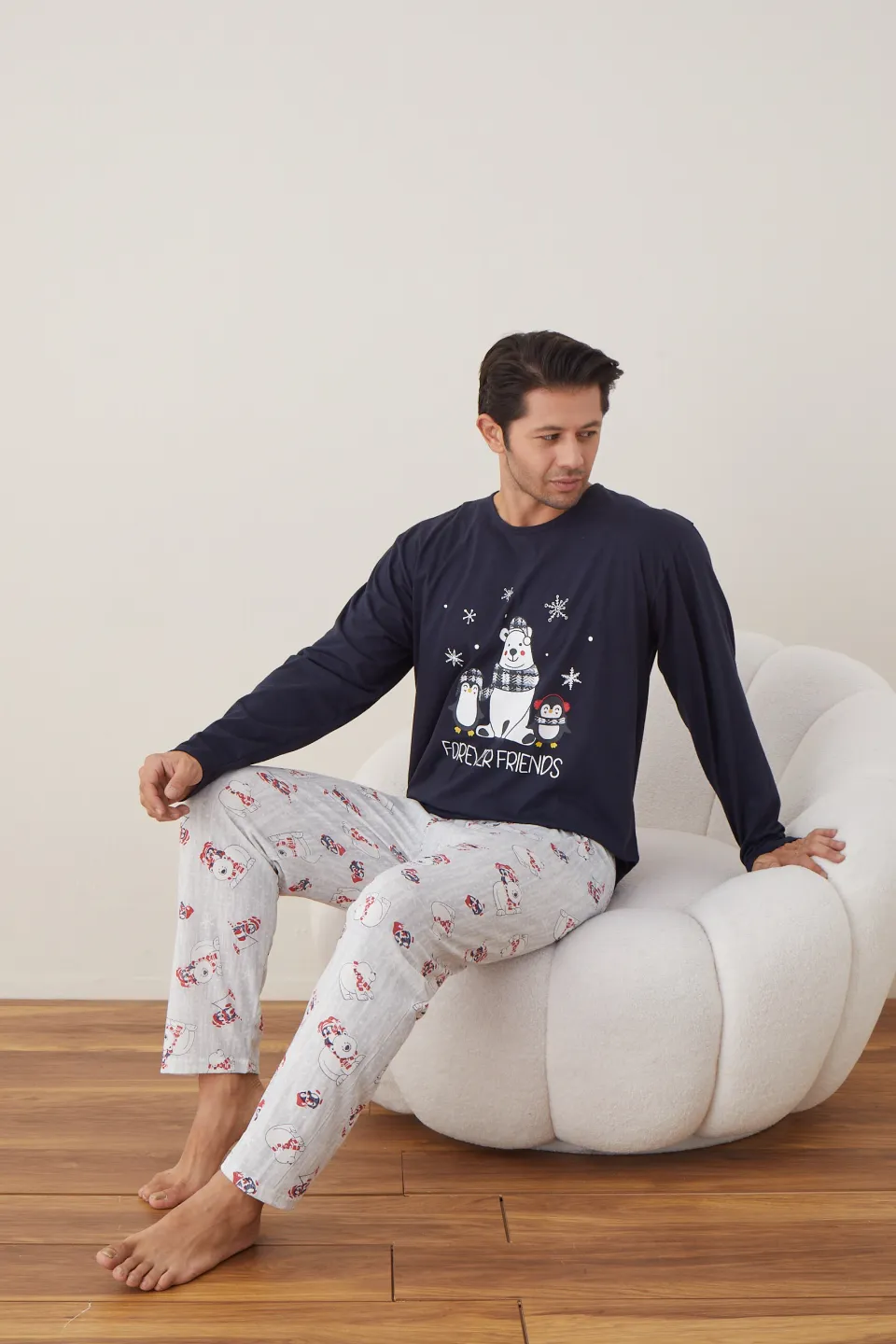 Pijama de Crăciun pentru bărbați, bluză bleumarin și pantaloni gri, imprimeu „Forever Friends” - 6