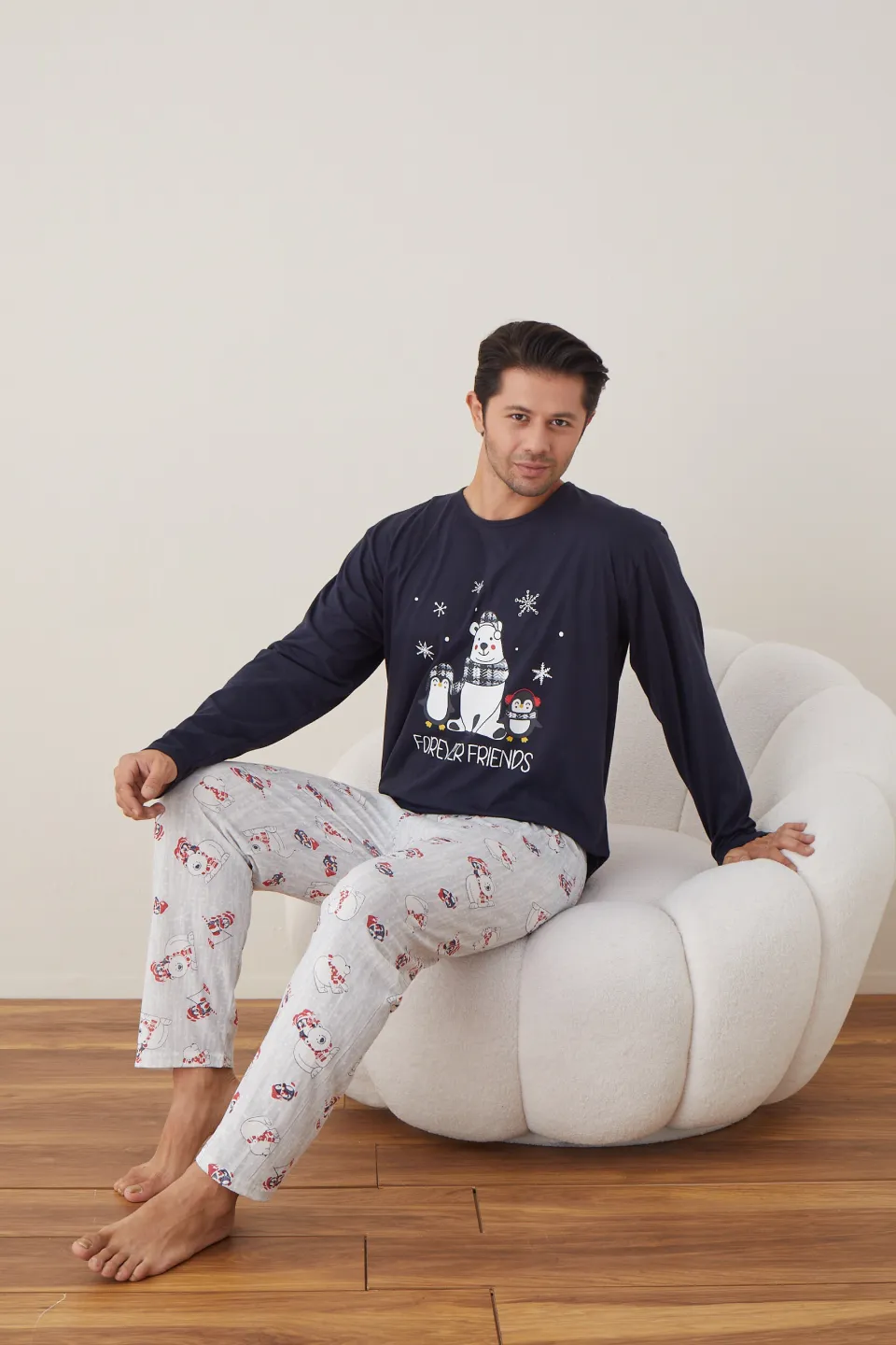 Pijama de Crăciun pentru bărbați, bluză bleumarin și pantaloni gri, imprimeu „Forever Friends” - 7