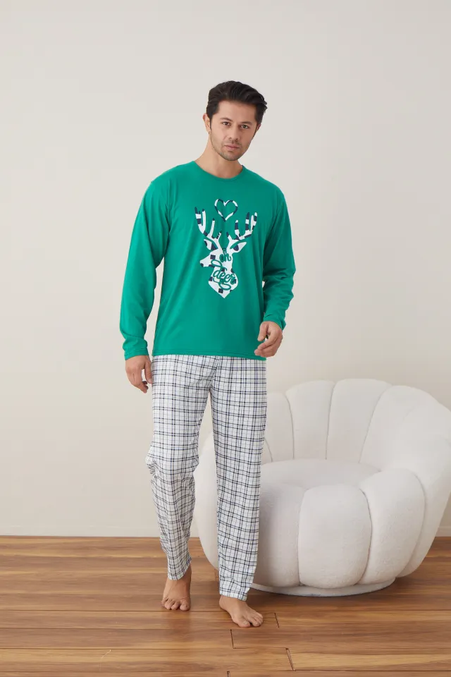 Pijama de Crăciun pentru bărbați, bluză verde și pantaloni albi în carouri, imprimeu „Oh Deer”