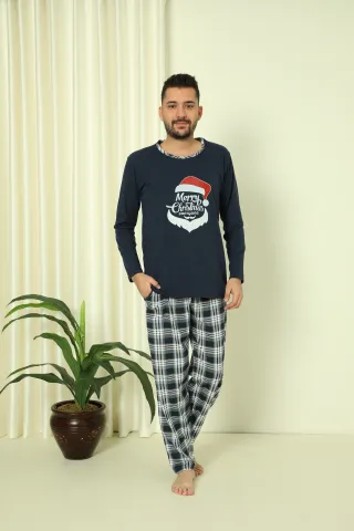 Pijama de Crăciun pentru bărbați, bluză bleumarin și pantaloni bleumarin în carouri, imprimeu „Merry Christmas Everyone”