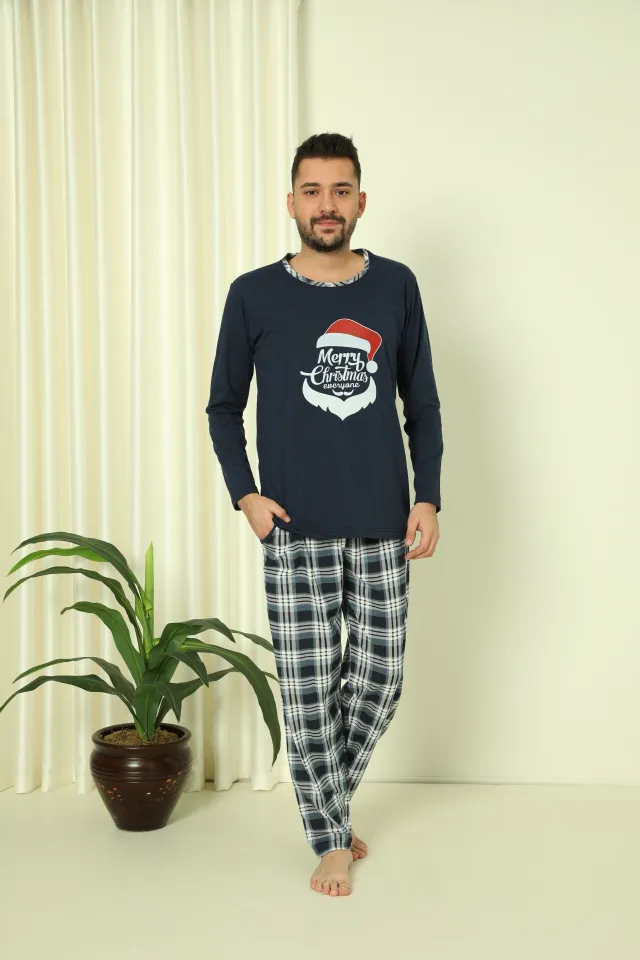 Pijama de Crăciun pentru bărbați, bluză bleumarin și pantaloni bleumarin în carouri, imprimeu „Merry Christmas Everyone”