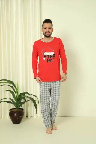 Pijama de Crăciun pentru bărbați, bluză roșie și pantaloni albi în carouri, imprimeu „Ho Ho Ho” hover