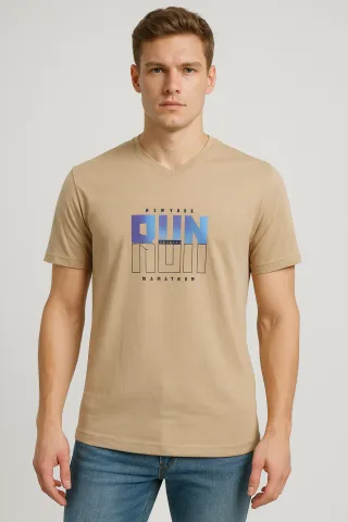 Tricou bărbați cu imprimeu RUN– croială lejeră-crem