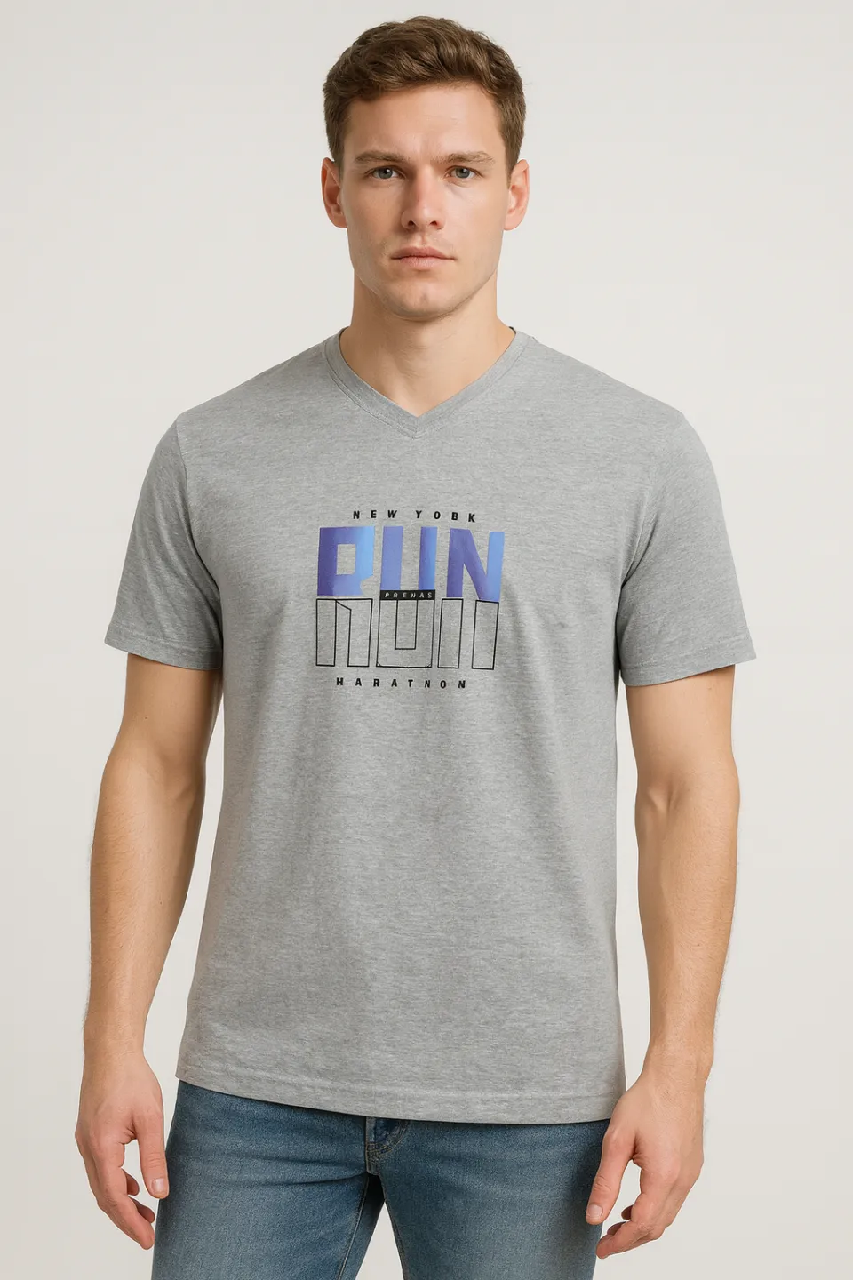 Tricou bărbați cu imprimeu RUN– croială lejeră-gri - 1